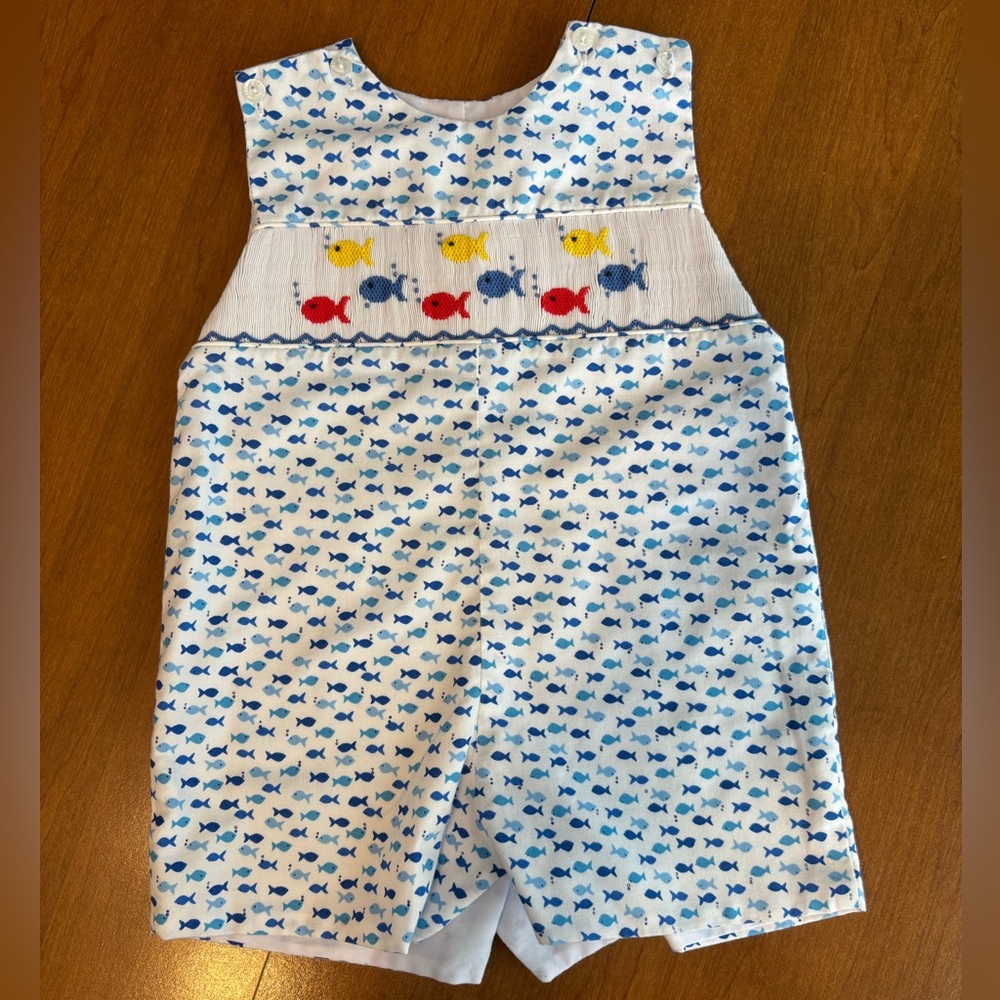Cukees Blue Fish Smocked Baby Romper sz 12 months